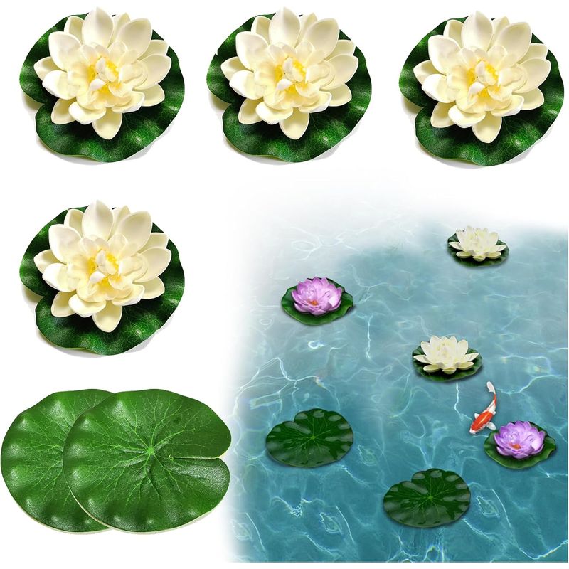 6er-set Seerosen, Eva, Schwimmend, Realistisch, Cremeweiß, 10 Cm, Für Teich, Aquarium Und Garten