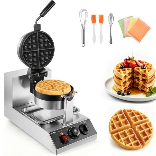 Mophorn - Vevor Rundes Waffeleisen Waffel 1300 W, Kontaktgrill Belgische Waffeleisen 4 Stk. Edelstahl Waffeln Automat Inkl. Lebensmittelclip & Bürsten & Verbrühungssicherer Griff, Für Cafes, Restaurant Usw.