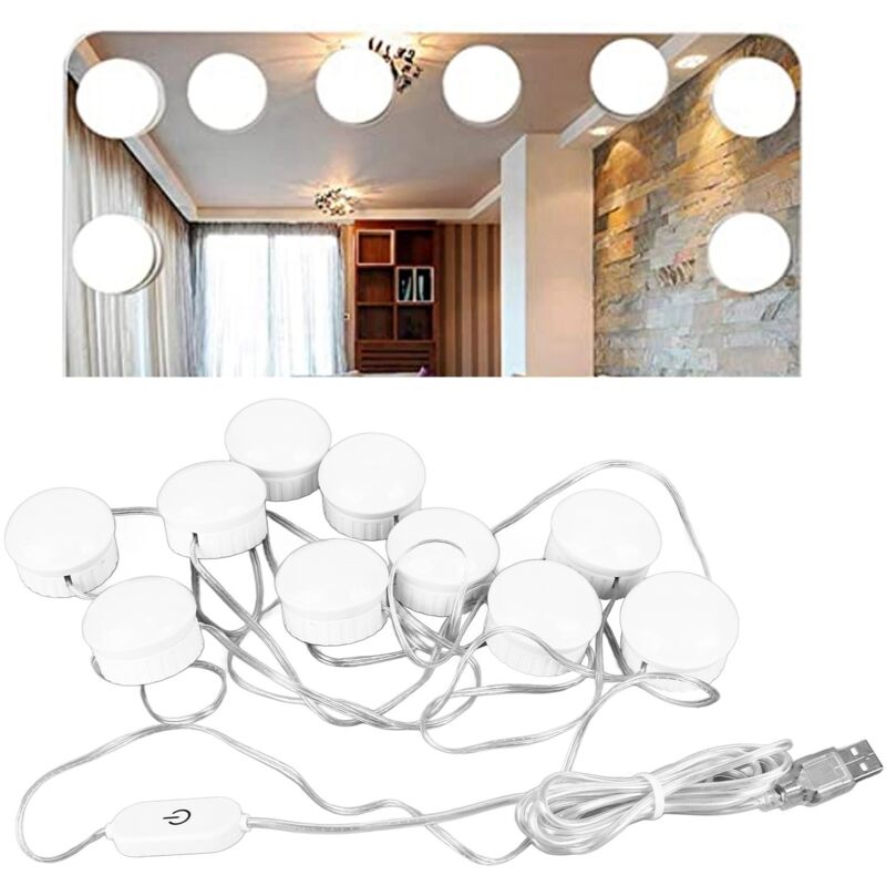 Led-beleuchteter Spiegel Mit 10 Weißen Glühbirnen, 5 Einstellbaren Helligkeitsstufen, Touch-dimmer Und Einziehbarem Kabel