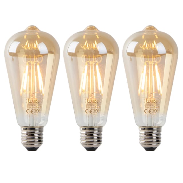 Luedd - 3er Set E27 led Lampen ST64 gold mit Hell-Dunkel Sensor 4W 400lm 2200K