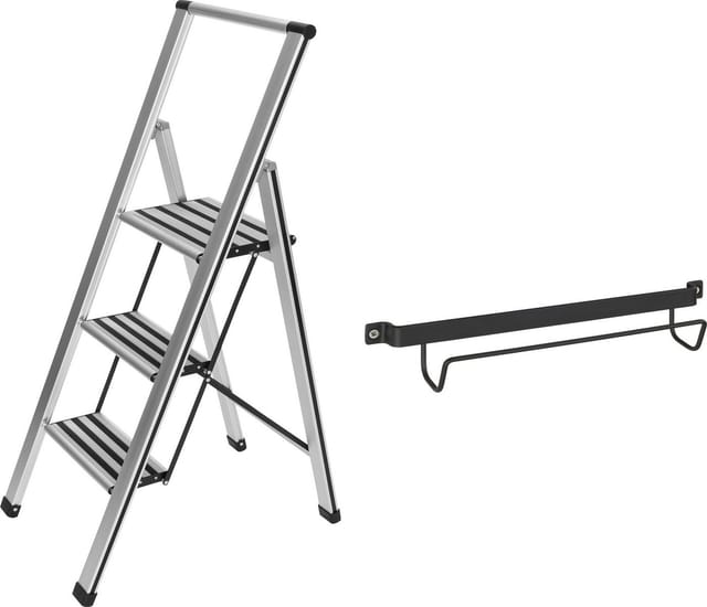 Alu-Design Klapptrittleiter 3-stufig inklusive Leiternhalter, rutschfeste Haushaltsleiter, SicherheitsStehleiter, Silber matt, Aluminium silber matt,
