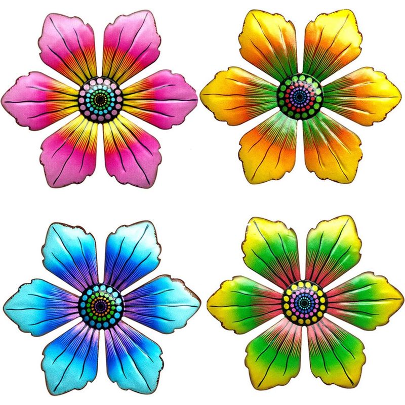 Metallblumen-wanddeko Für Den Außenbereich (4er-set) – 3d-gartendekoration Für Zaun Und Balkon – Farbenfrohe Wanddeko – Hängende Metallblumen