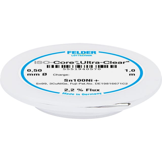 Felder Löttechnik - Felder ISO-Core 'Ultra-Clear' Sn100Ni+ Lötzinn, bleifrei Spule Sn99,25Cu0,7Ni0,05 0.5 mm