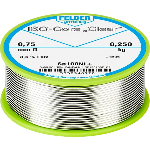 Felder Löttechnik - Felder ISO-Core 'Clear' Sn100Ni+ Lötzinn Spule Sn99,25Cu0,7Ni0,05 0.250 kg 0.75 mm