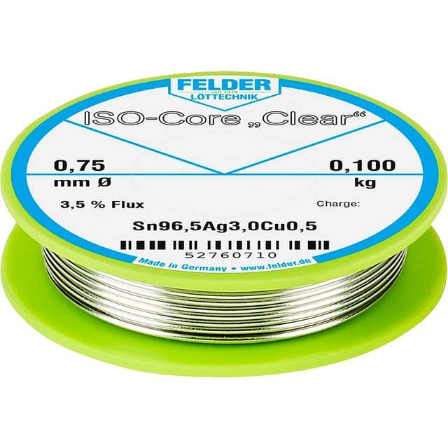 Felder Löttechnik - Felder ISO-Core 'Clear' SAC305 Lötzinn Spule Sn96,5Ag3Cu0,5 0.100 kg 0.75 mm