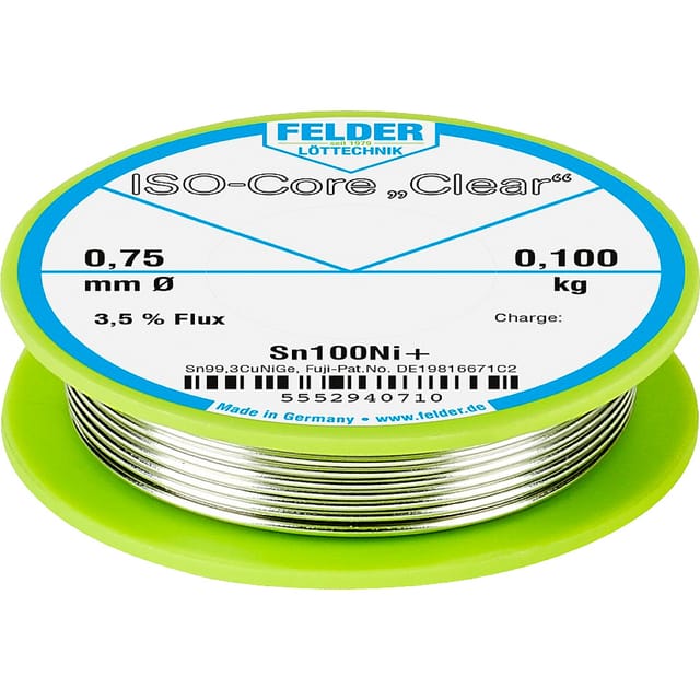 Felder Löttechnik - Felder ISO-Core 'Clear' Sn100Ni+ Lötzinn Spule Sn99,25Cu0,7Ni0,05 0.100 kg 0.75 mm