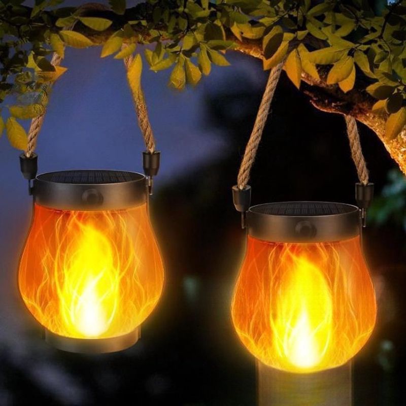 Solar-gartenlampe – 2er-set – Außenlaterne – 13 X 13 Cm – Flammenspiel – Hängend – Hanfseil-flammenlampe – Campinglampe – Geeignet Für Terrasse Und Garten