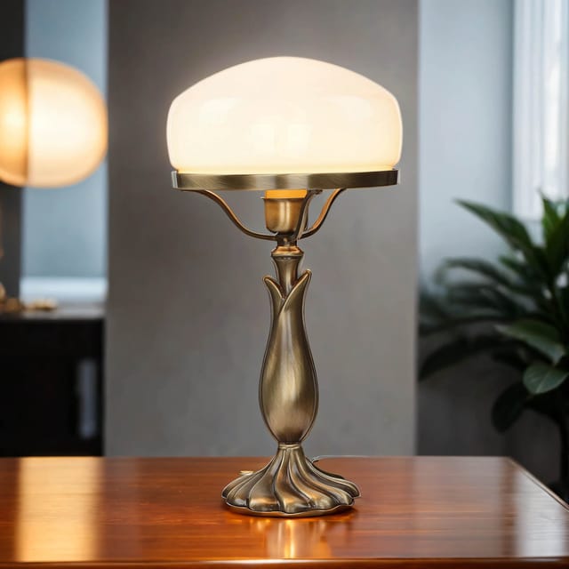 Jugendstil Tischlampe Pilzleuchte aus Messing Glas Weiß