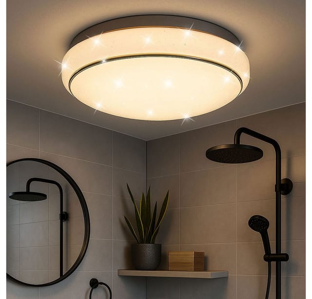 LED Deckenlampe Sternenhimmeleffekt Badezimmerleuchte IP44 Badleuchte dimmbar über CCT Schaltung, Metall weiß, 12W 1200Lm warm-neutralweiß, DxH