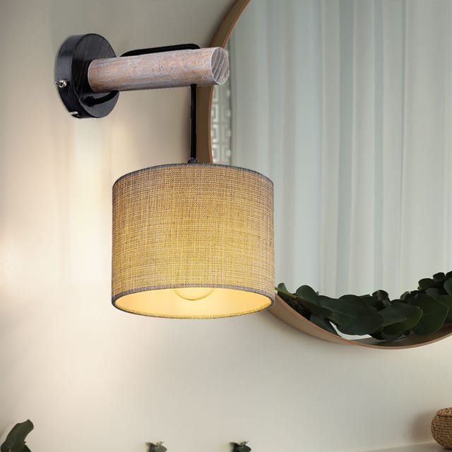 Wandleuchte rogers mit Schalter, Holz und Stoffschirm Grau, Höhe 33,5cm