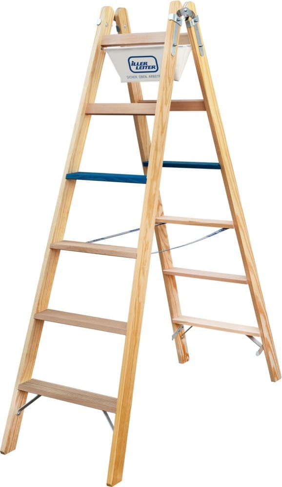 Iller Holz Stufenstehleiter ERGO Plus inkl. Werkzeugtasche und Eimerhaken 2x6 Stufen 3,04m AH