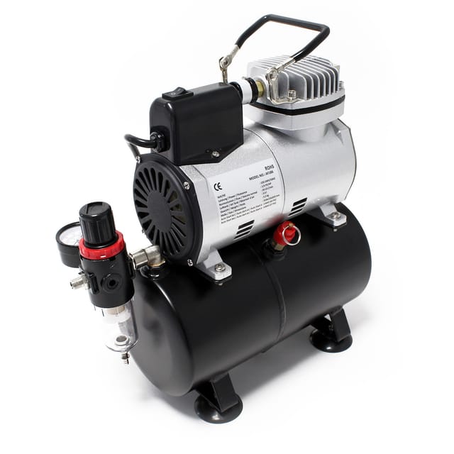 Wiltec - Airbrush Kompressor AF186 mit Lufttank, 2 Zylinder Kolben, max. 4 bar Druck und Start-Stop Automatik, für Modellbau, Tattoos, Nailart