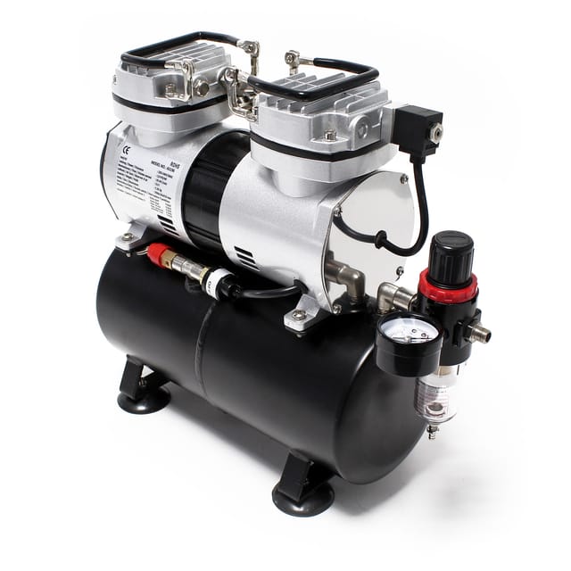 Wiltec - Airbrush Kompressor AS196 mit Lufttank, 2 Zylinder Kolben, max. 6 bar Druck und Abschaltautomatik, für Modellbau, Tattoos, Nailart