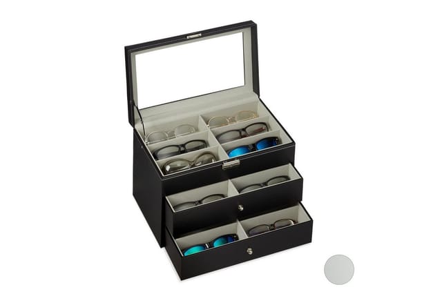 Brillenbox 18 Brillen, Aufbewahrung Sonnenbrillen, hbt: 22,5 x 33,5 x 19 cm, Kunstleder Brillenkoffer, schwarz - Relaxdays