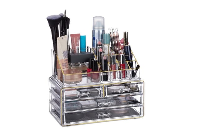 Make Up Organizer Acryl, 2-teilige Schminkaufbewahrung mit Lippenstifthalter & 4 Schubladen, transparent/gold - Relaxdays