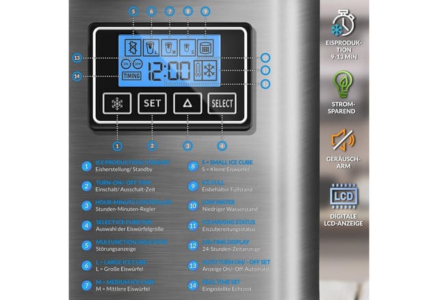Eiswürfelmaschine Edelstahl Silber 12 kg - 24 h Eiswürfelbereiter mit Timer und 2,2 Liter Wassertank Ice-Maker LCD-Display & Selbstreinigungsfunktion