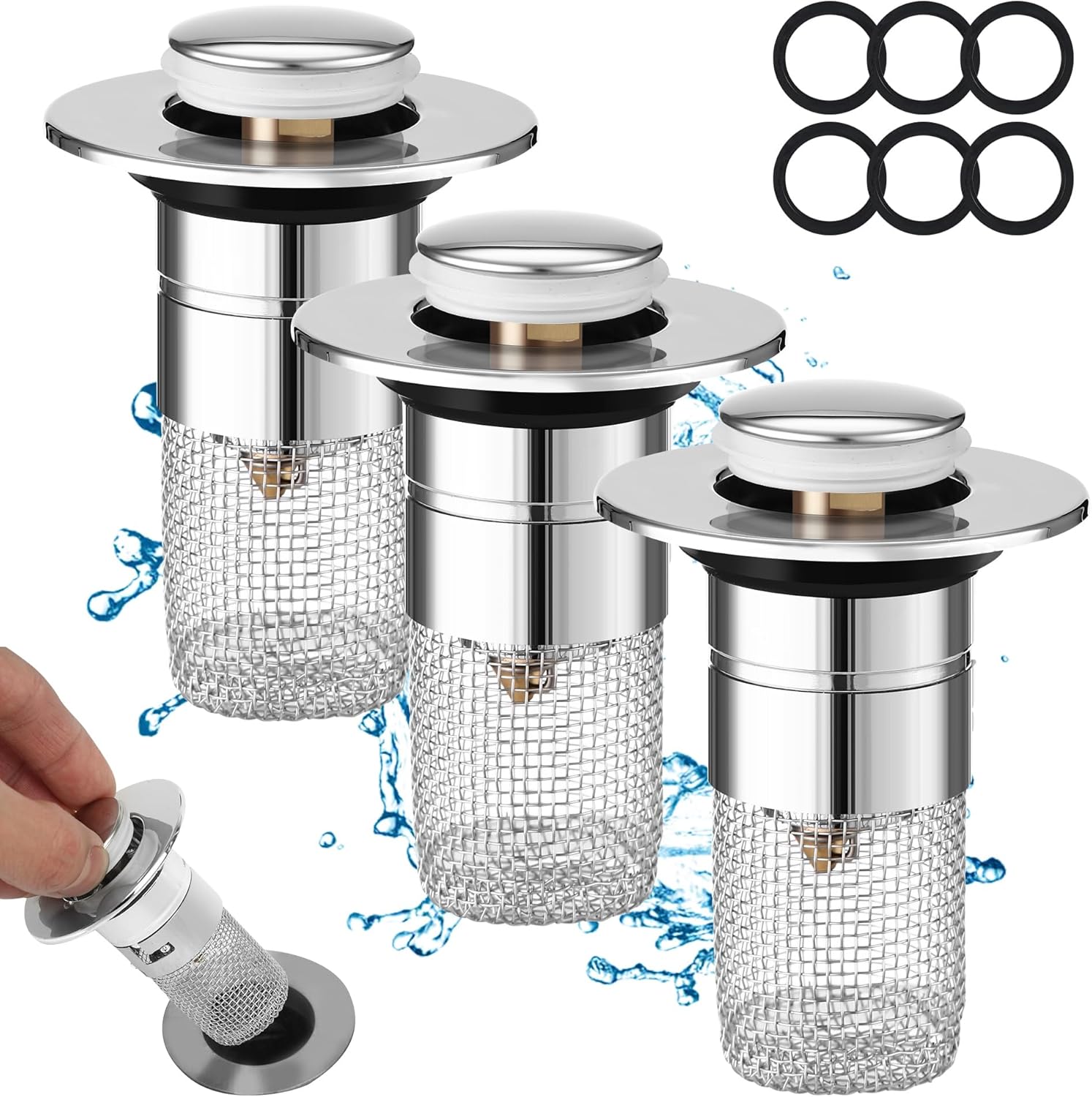 Fliti 3-teiliger Waschbeckenstöpsel, Waschbeckenverschluss, Badewannenstöpsel, Waschbeckenstöpsel Mit Herausnehmbarem Filter, Universeller Pop-up-waschbeckenstöpsel, Küchenspülenstöpsel Für 34-40 Mm W