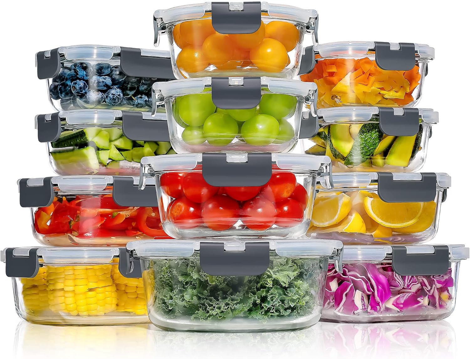 Yashe Glas-frischhaltedosen Ln-12pcs, 12 Behälter, 6,75 L, Grau