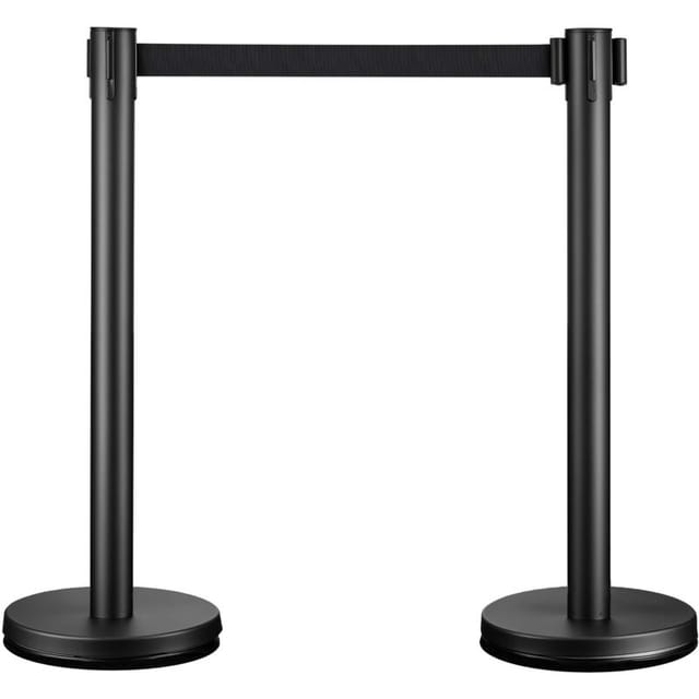 Mobile Absperrpfosten 32 x 7 x 90 cm in Schwarz mit 200 cm Zugband, Absperrständer aus rostfreiem Stahl, Personenleitsystem für Veranstaltungen