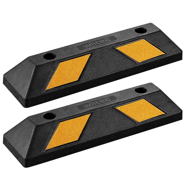 Wiltec - Radstopper 55 x 15 x 10 cm, 2x Einparkhilfe aus Gummi, Parkplatzbegrenzung mit gelben Reflexionsstreifen & Schraubrillen, Parkplatzsperre