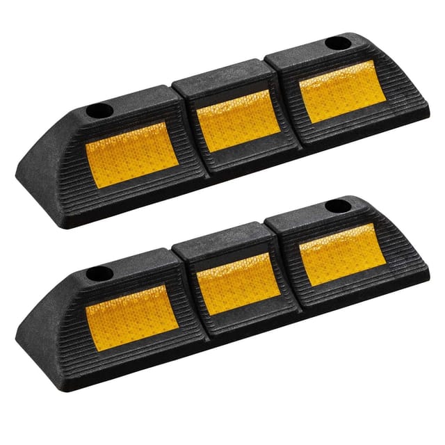 Wiltec - Radstopper 47,5 x 12 x 8 cm, 2x Einparkhilfe aus Gummi, Parkplatzbegrenzung mit gelben Reflexionsstreifen & Schraubrillen, Parkplatzsperre
