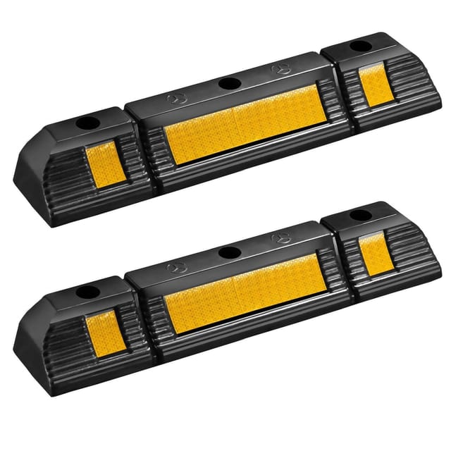 Wiltec Radstopper 60 x 12 x 8 cm, 2x Einparkhilfe aus Gummi, Parkplatzbegrenzung mit gelben Reflexionsstreifen & Schraubrillen, Parkplatzsperre für