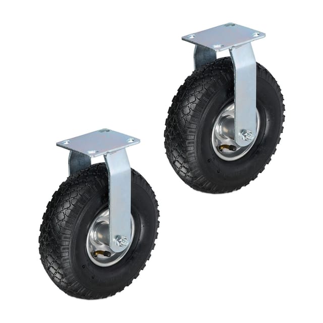Relaxdays Bockrollen 2er Set, luftbereift 3.00-4, Schwerlastrad, Transportrolle Stahlplatte, bis 120 kg, schwarz/silber