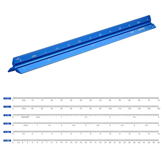 Linghhang - Aluminium-Lineale, Maßstab, Dreieckslineal, Dreiecksmaßstab 1:2,5, 1:5, 1:10, 1:20, 1:50, 1:100, Lasergravur
