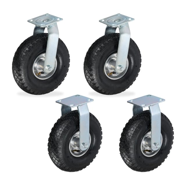 2x Bockrolle + 2x Lenkrolle Set, luftbereiftes Schwerlastrad, 3.00-4, Transportrollen 120 kg, schwarz/silber - Relaxdays