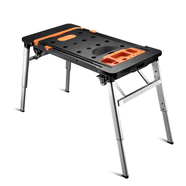 Wiltec - 7 in 1 Werkbank 108,5 x 55 x 52 cm bis max. 250 kg vereint Sägebock, Gerüst, Arbeitsplattform, Rollbrett, Transportwagen und Sackkarre