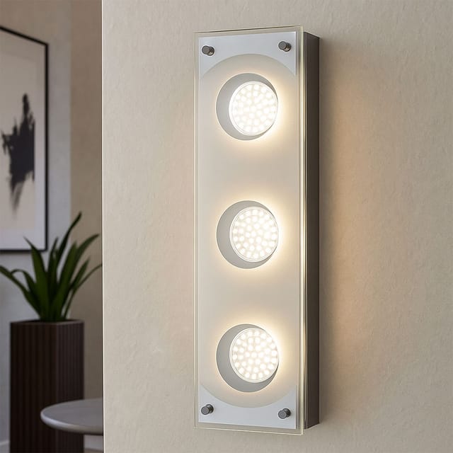Deckenleuchte Deckenlampe Wandleuchte Wandlampe Stahl gebürstet, chrom, Glas satiniert, 3x led 3 Watt 260 Lumen warmweiß, BxH 35 x 10 cm