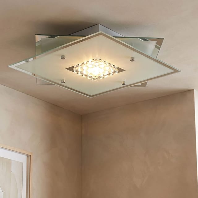 Esto - Deckenlampe Chrom led Deckenleuchte Kristalle Glas Wohnzimmerlampe, Glaskristalle geeist, 1x led 20W 700Lm warmweiß, LxBxH 29 x 29 x 8 cm