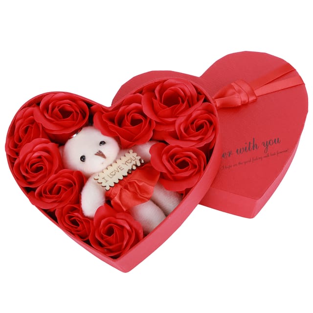 Künstliche Rosenseifenblumen mit Bär und Geschenkbox – Geschenkidee zum Geburtstag oder Valentinstag – Rot