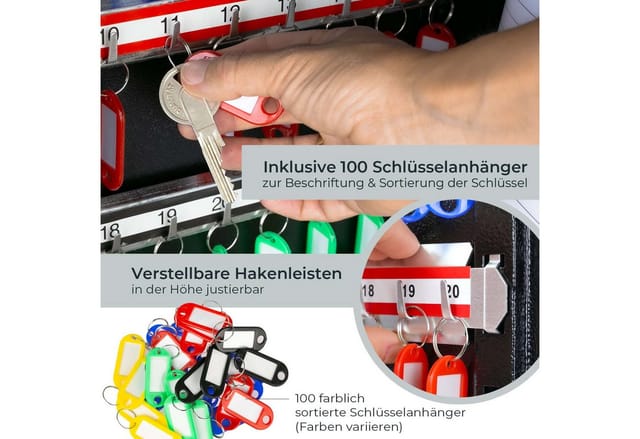 HMF Schlüsselschrank groß aus Stahl, abschließbarer Schlüsselkasten für Büro, Verwaltung oder Fuhrpark, 100 Schlüsselhaken, 55 x 38 x 8 cm, Schwarz