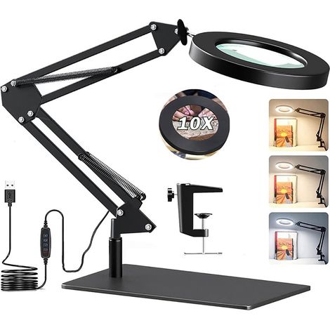 10-fach Vergrößernde 2-in-1-schreibtischlampe Mit Extra Großem Fuß, Metallklemme, Verstellbarem Schwenkarm, 3 Farbmodi Und 10 Helligkeitsstufen Für Bastelarbeiten, Reparaturen Und Zum Lesen