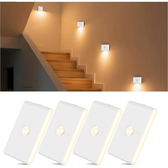 Set mit 4 Bewegungsmelder-Nachtlichtern, 3 Farben und einstellbarer Helligkeit, wiederaufladbare Innenlampe für Treppenhäuser, Flure und Badezimmer.
