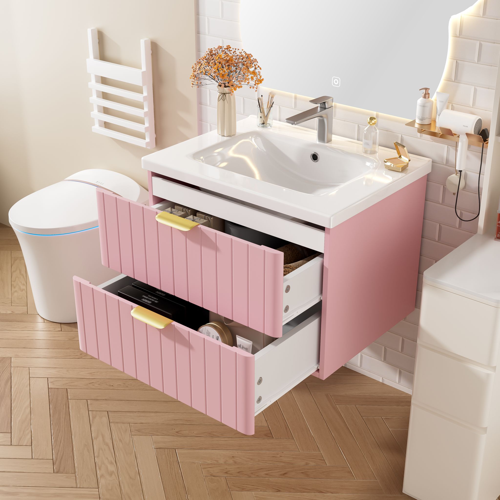 Hängendes Einzelbecken-waschschrank Mit Waschbecken, Doppelter Aufbewahrung, Feuchtigkeitsbeständigem Mdf, Schmutzresistenter Keramikwaschbecken, Lackfreier Melaminoberfläche, Platzsparend, In Rosa –