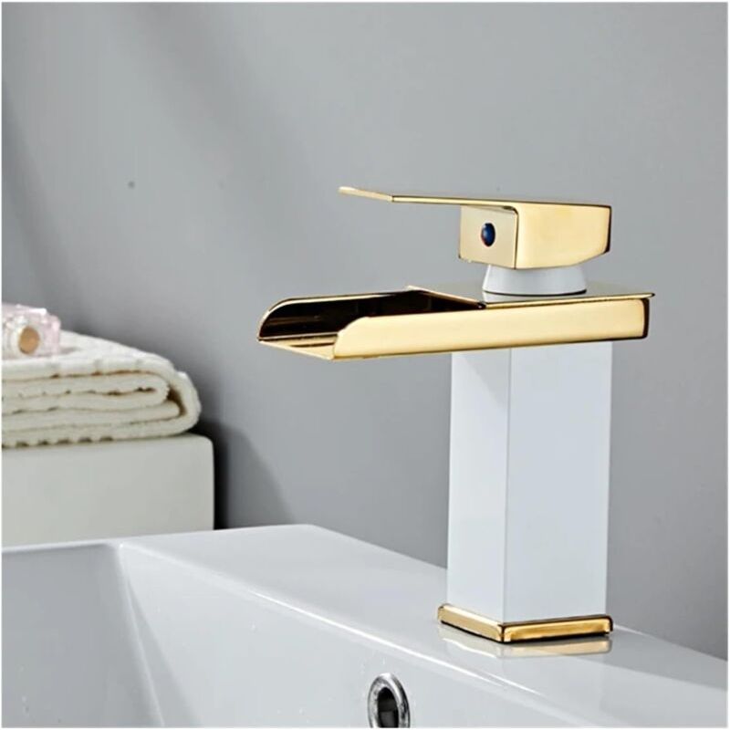 Taishengda Weißgoldene, Breite Wasserfall-waschtischarmatur, Flaches Profil, Mit 60 Cm Zulaufschlauch, Europäischer Stil, Breiter Auslauf, Warm- Und Kaltwasseranschluss