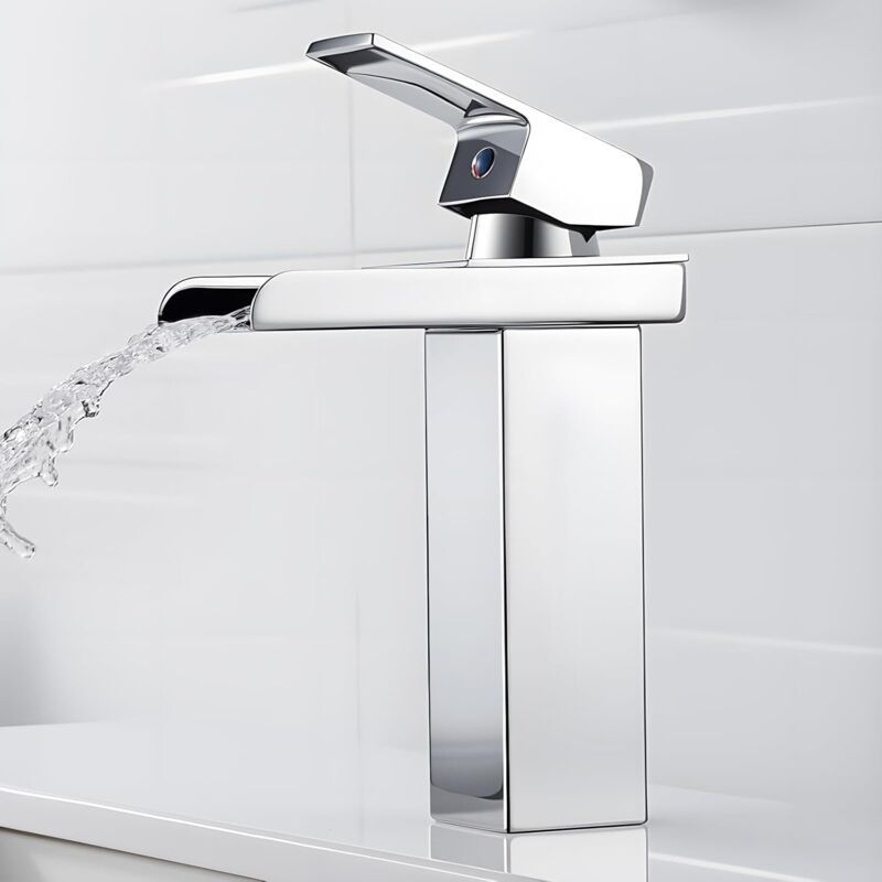 Taishengda – Flache, Silberfarbene Wasserfall-waschtischarmatur Mit Breitem Rand Und 60 Cm Langem Zulaufschlauch. Europäische Waschtischarmatur Mit Breitem Auslauf Für Warm- Und Kaltwasser.