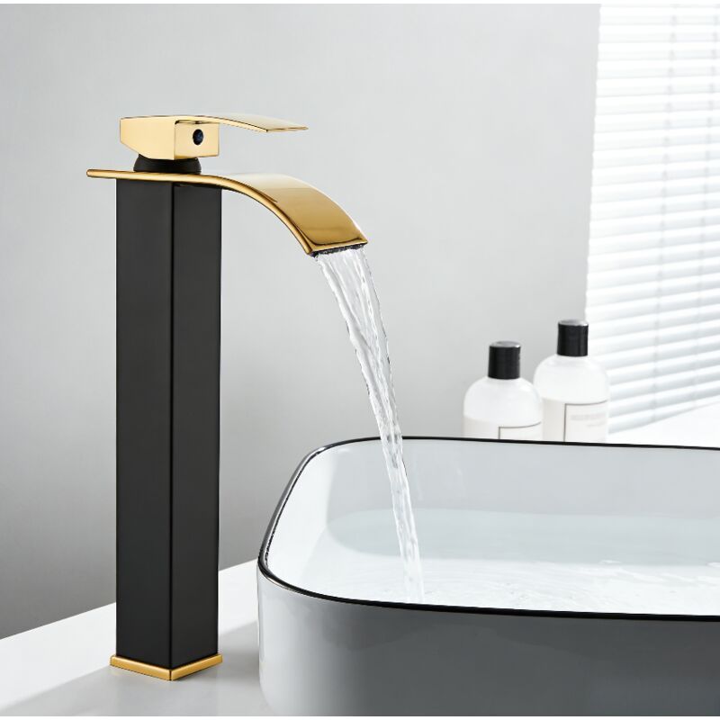 Taishengda Wasserfall-waschtischarmatur In Schwarz Und Gold Mit Hohem, Flachem Auslauf Und 60 Cm Langem Zulaufschlauch, Europäischer Stil, Breite Auslaufarmatur Für Warm- Und Kaltwasser