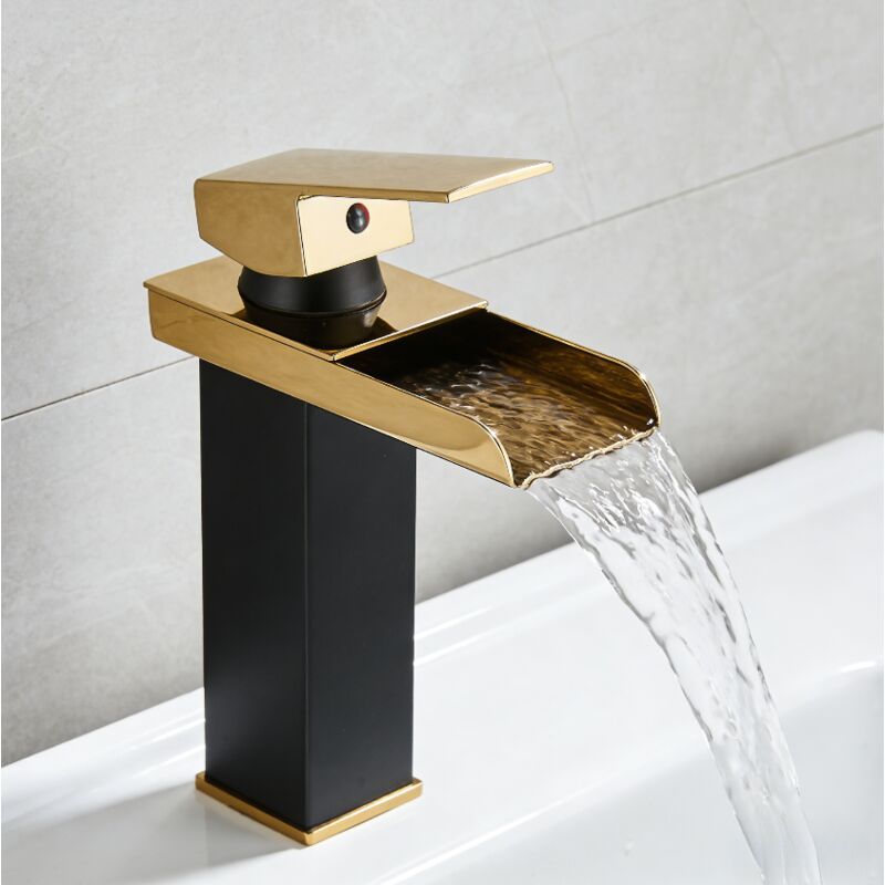 Taishengda Schwarze Und Goldene Wasserfall-waschtischarmatur Mit Breitem Auslauf, 60 Cm Zulaufschlauch, Europäischer Stil, Warm- Und Kaltwasseranschluss