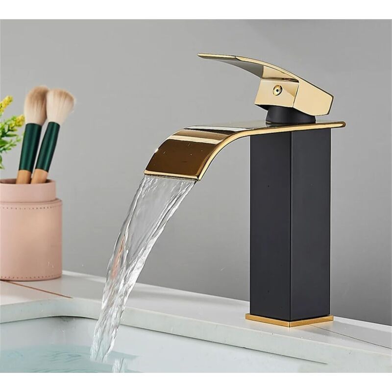 Taishengda Wasserfall-waschtischarmatur In Schwarz Und Gold Mit Kurzem, Flachem Auslauf Und 60 Cm Langem Zulaufschlauch, Europäische Ausführung Mit Breitem Auslauf Für Warm- Und Kaltwasser, Geeignet F