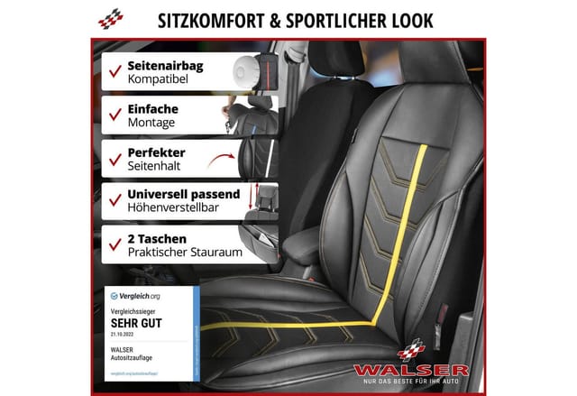 Walser - pkw Sitzauflage Kimi, Auto-Sitzaufleger im Rennsportdesign schwarz/gelb