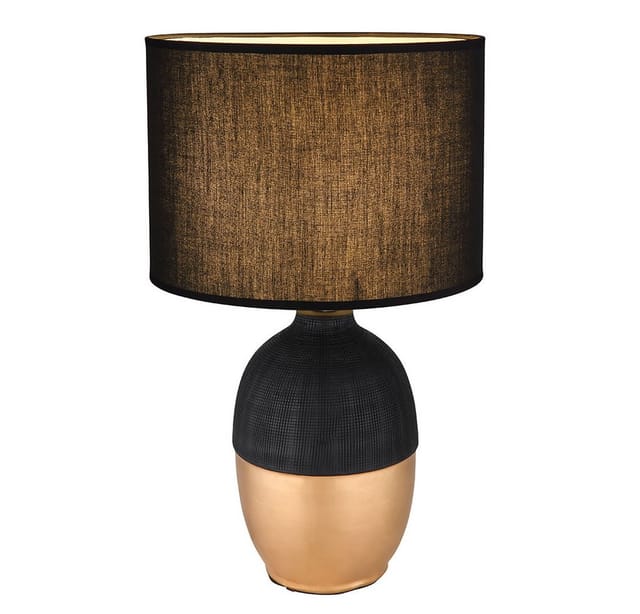 Tischlampe Schlafzimmer Beistellleuchte schwarz Leselampe modern, Designleuchte Nachtlicht Textilschirm, Keramik gold, 1x E14 Fassung, DxH 25x43 cm