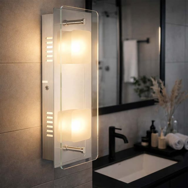 Wandleuchte Wandlampe Flurlampe Wohnzimmerlampe Chrom Schaltbar Schlafzimmer, Metall Glas Satiniert, 2x Led 3000k, Lxbxh 28x12x6,2 Cm