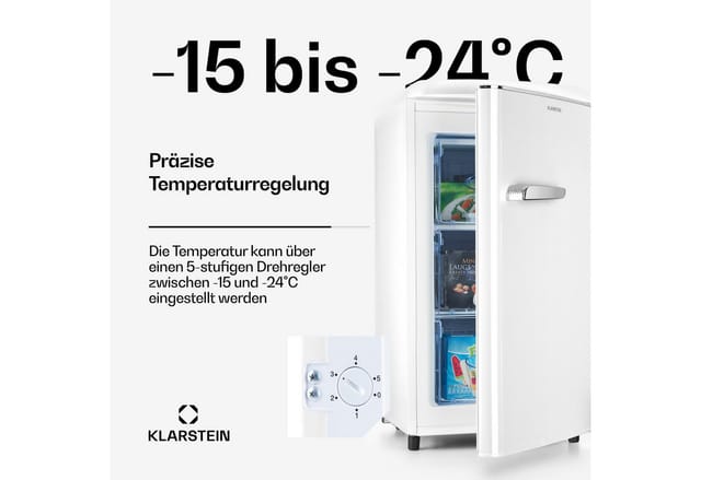 Laika Gefrierschrank - 60 Liter Gesamtvolumen, Thermostat mit 5 Stufen, 0 bis -18 °c, 3 Einschübe, freistehend, Retro-Design, creme - Klarstein