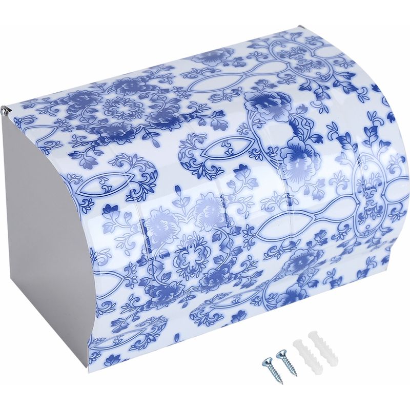 Wandmontierter Toilettenpapierhalter Aus Edelstahl Mit Deckel, Polierte Blau-weiße Porzellanoberfläche.