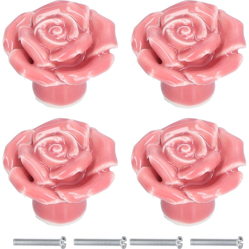 Vier Moderne Rosa Keramik-möbelknöpfe Mit Rosenförmigen Griffen, Perfekt Für Wohn- Und Schlafzimmer.