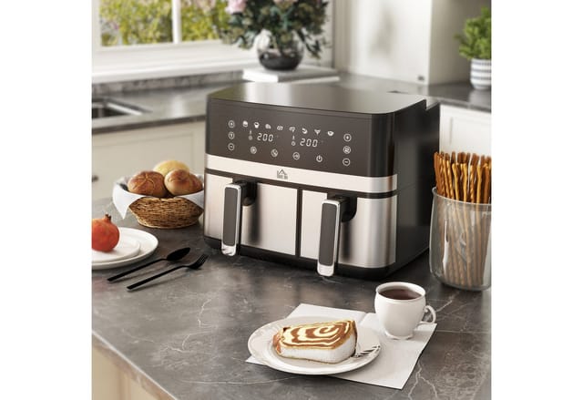 Homcom - Heißluftfritteuse 8,5L Fritteuse mit Doppelkammer, 8 in 1 Rezeptur, Airfryer mit Antihaftbeschichtung, Touchscreen, Smart und