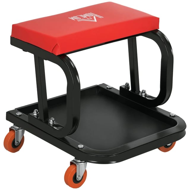 Werkstatthocker mit Rollen Ablagefläche 37cm hoch Rollhocker bis 100 kg belastbar Arbeitshocker Rollsitz Werkstattsitz für Werkstatt Rot - Homcom